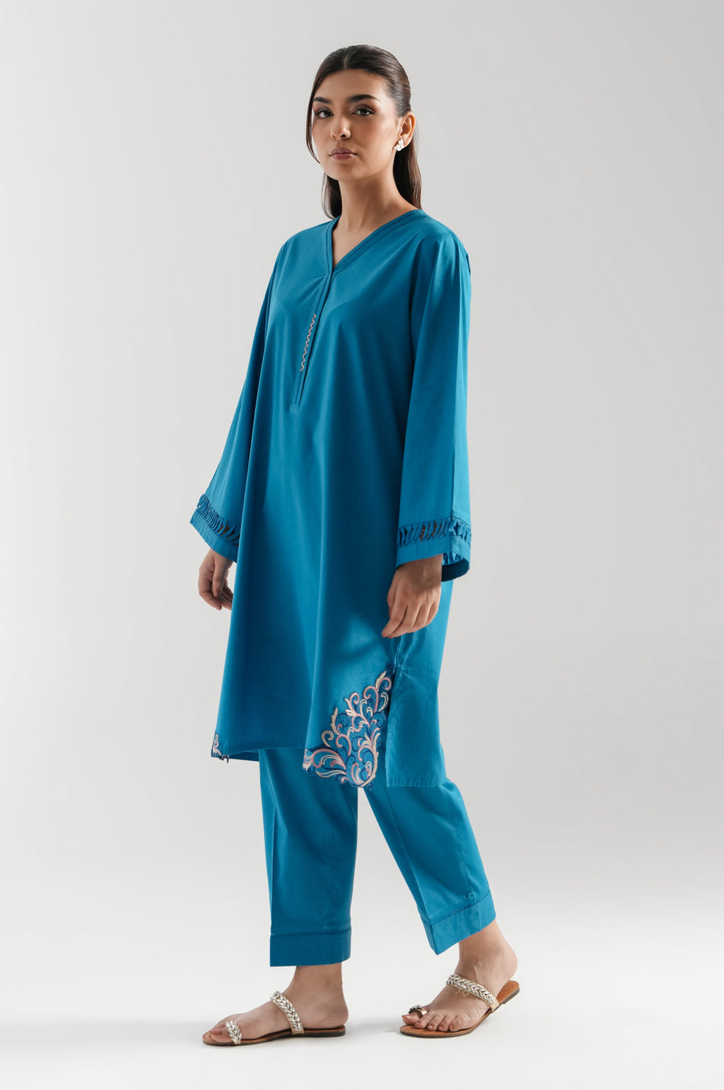 EMBROIDERED COTTON VISCOSE STITCHED SHIRT BOTTOM
