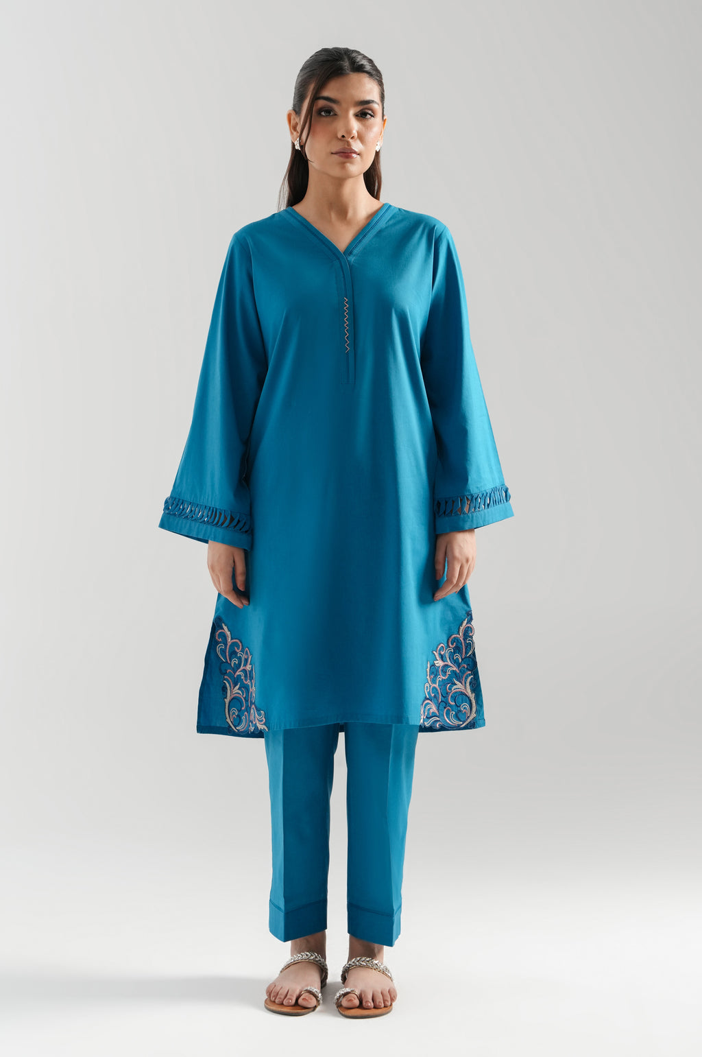 EMBROIDERED COTTON VISCOSE STITCHED SHIRT BOTTOM