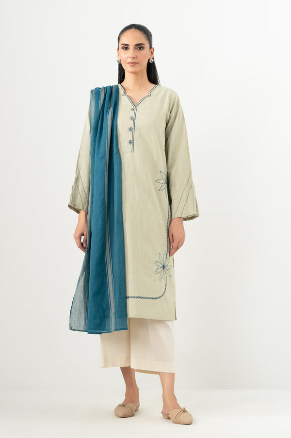 Stitched 2 Piece Embroidered Both Side Slub Shirt & Dupatta