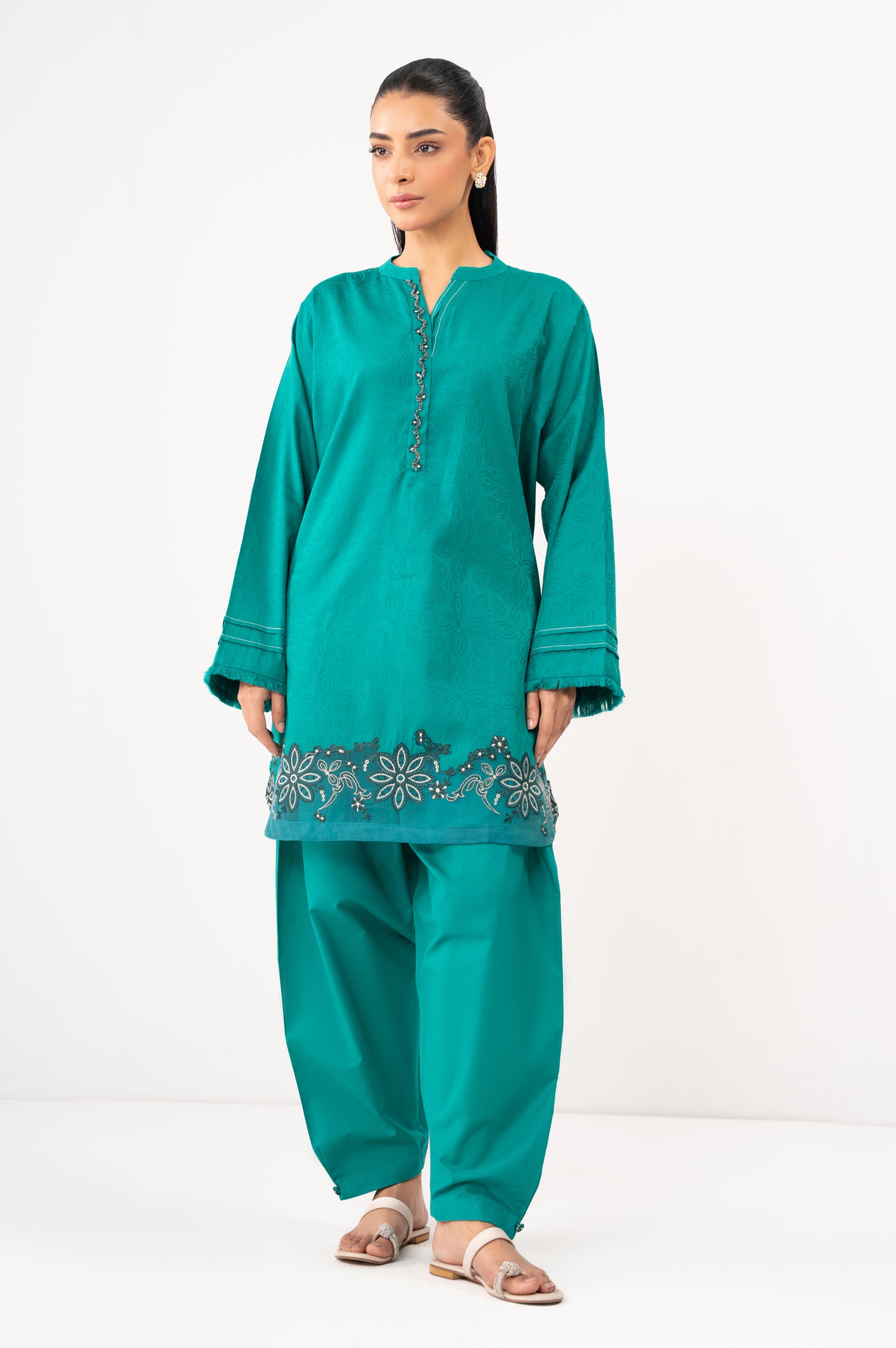 STITCHED EMBROIDERED SATIN JACQUARD SHIRT BOTTOM