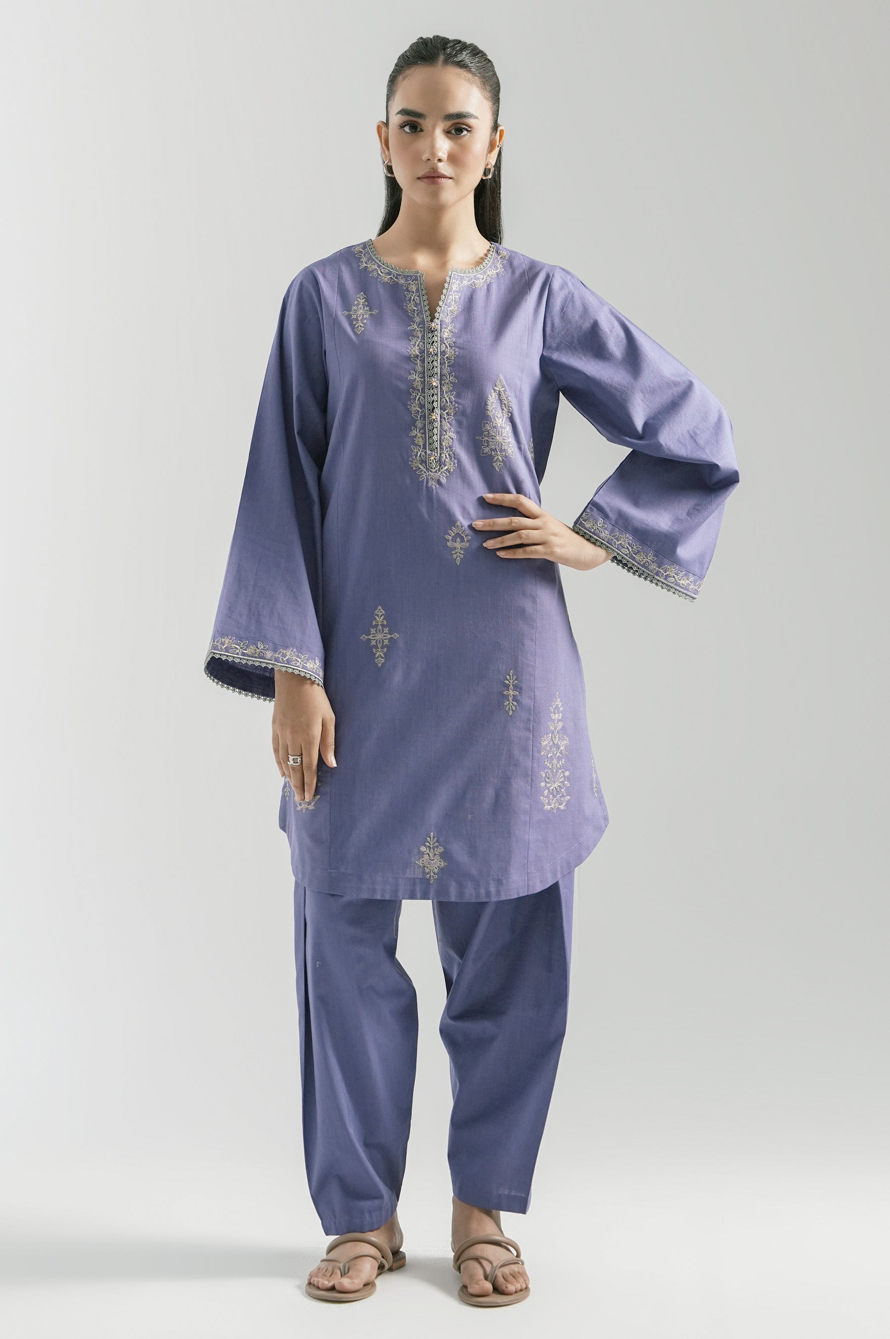 STITCHED EMBROIDERED COTTON SLUB SHIRT BOTTOM