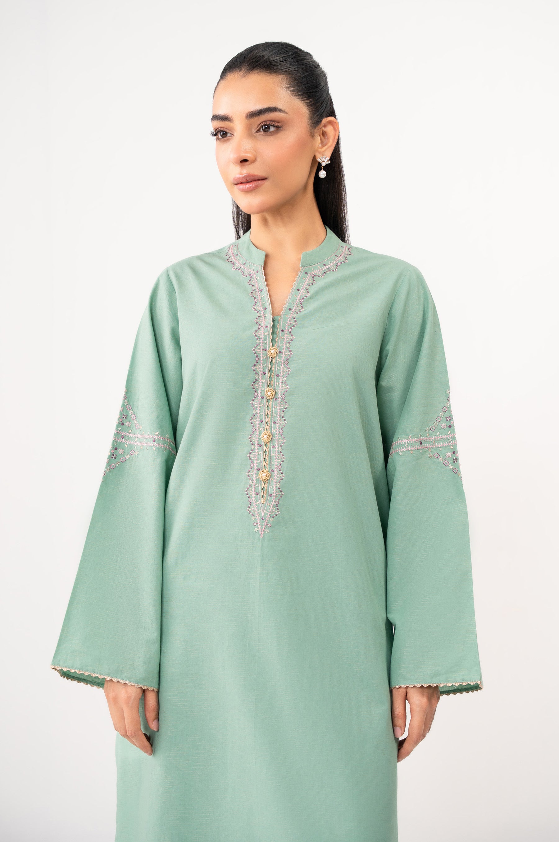 STITCHED EMBROIDERED SATIN JACQUARD SHIRT BOTTOM