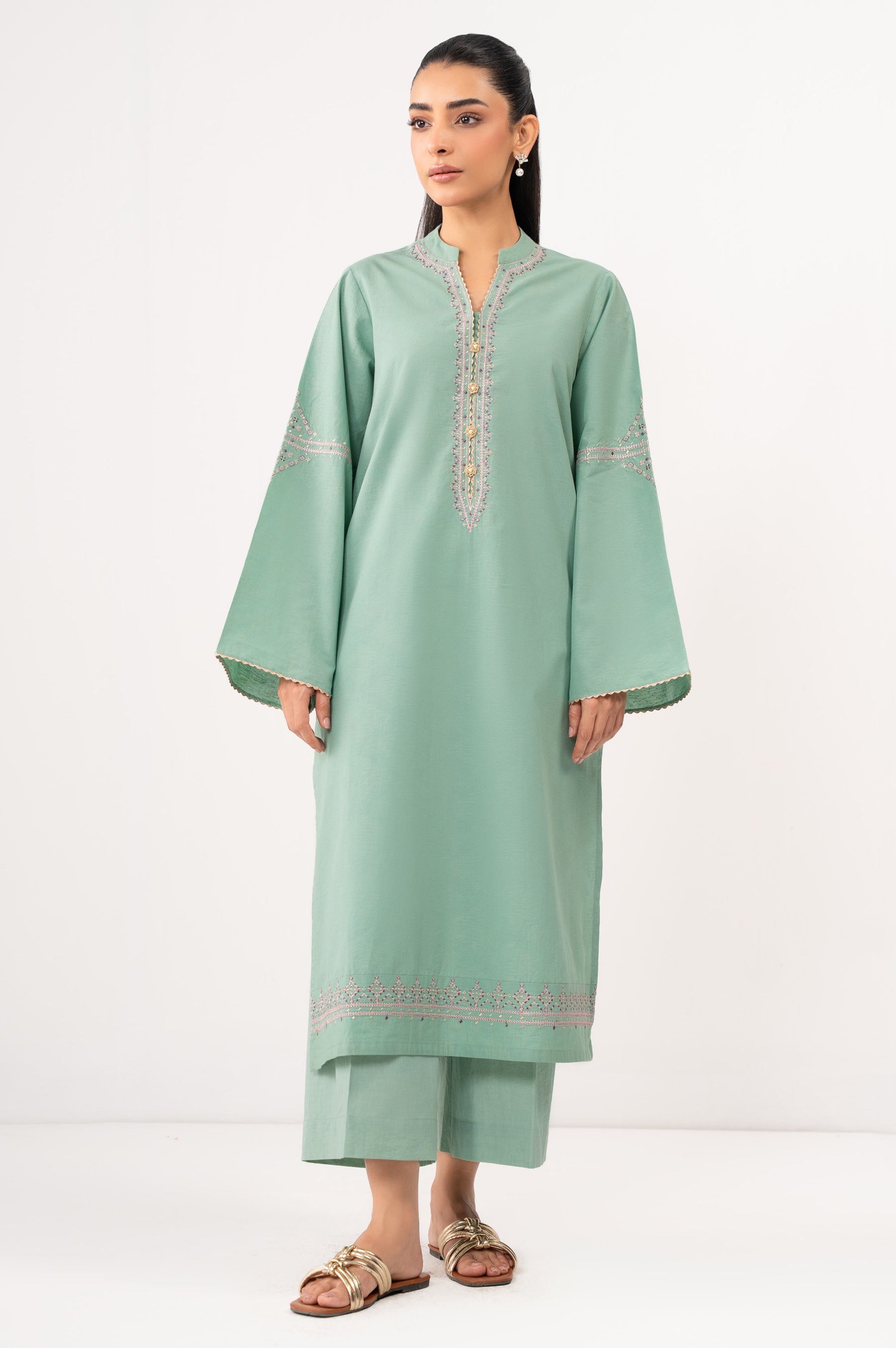 STITCHED EMBROIDERED SATIN JACQUARD SHIRT BOTTOM