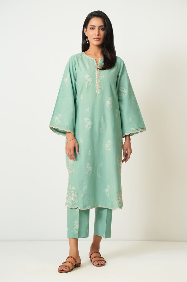 Stitched 2 Piece Screen Printed Embroidered Cambric Suit