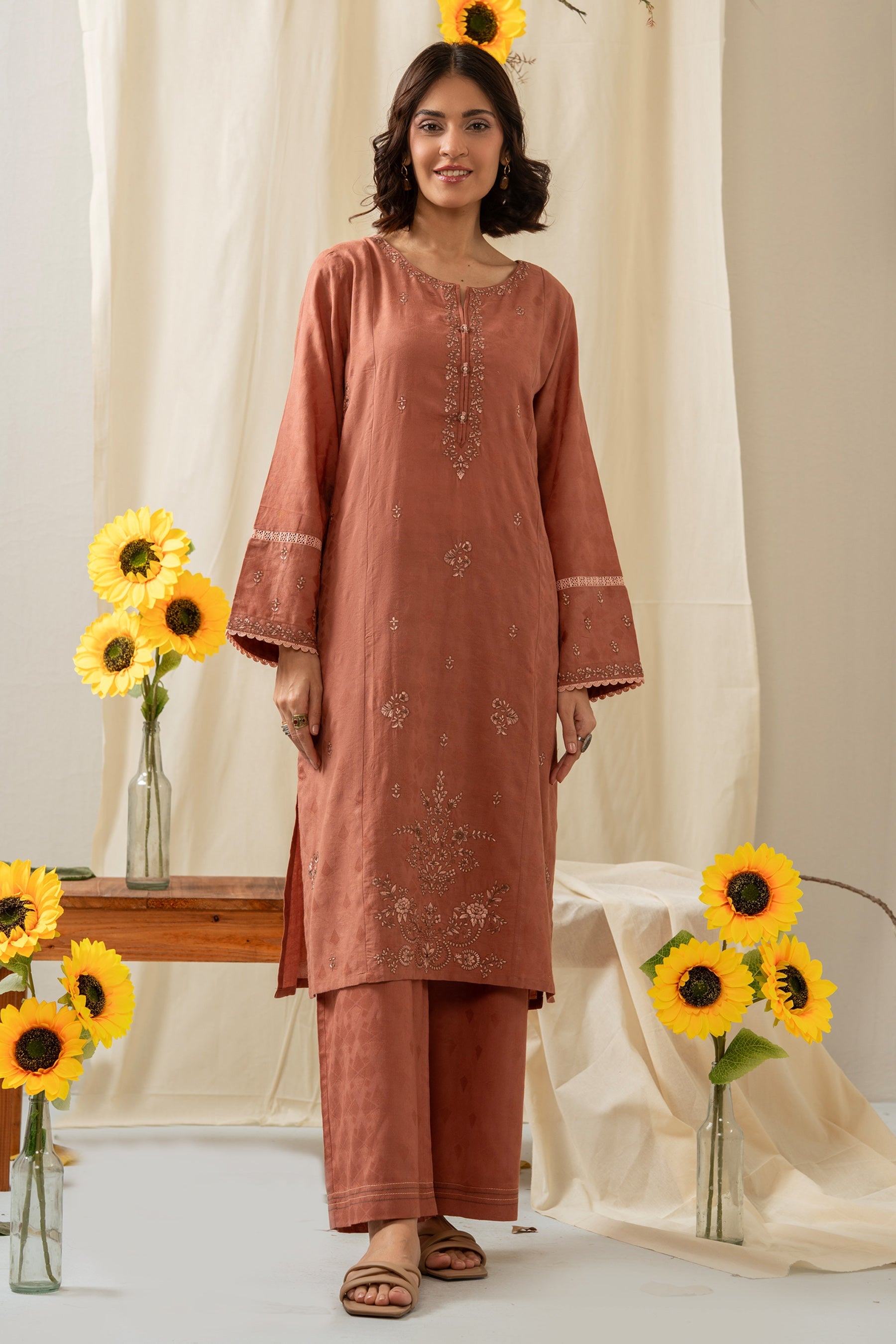 STITCHED EMBROIDERED SELF JACQUARD 2 PIECE SUIT (FACTORY E-OUTLET)