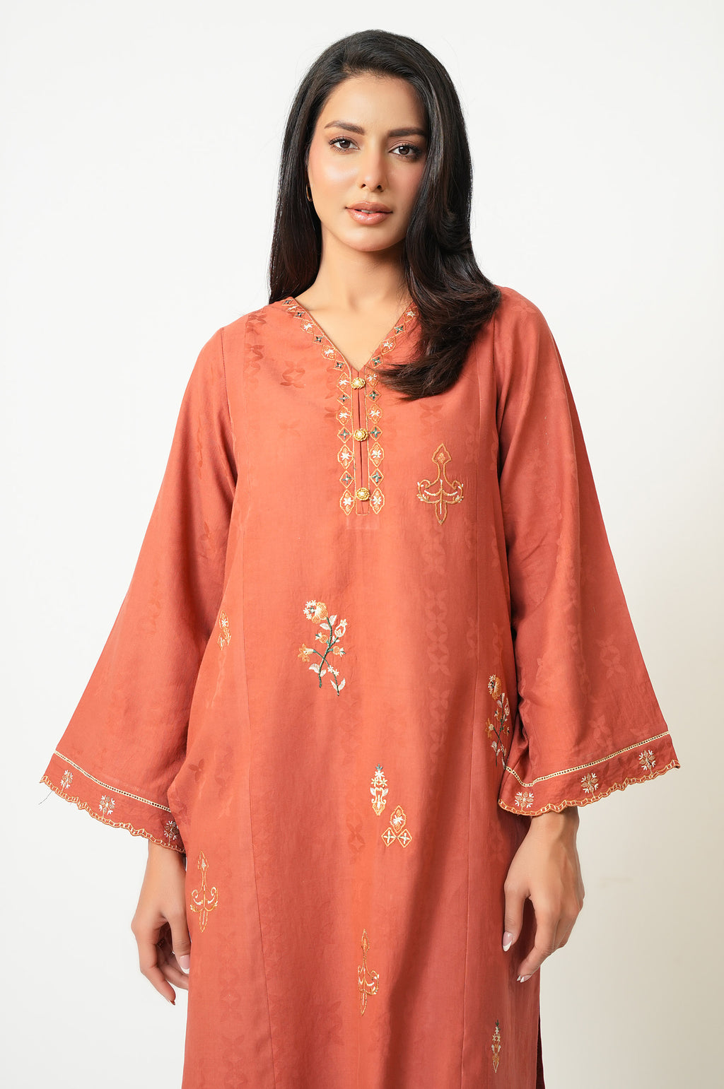 STITCHED EMBROIDERED SATIN JACQUARD SHIRT BOTTOM