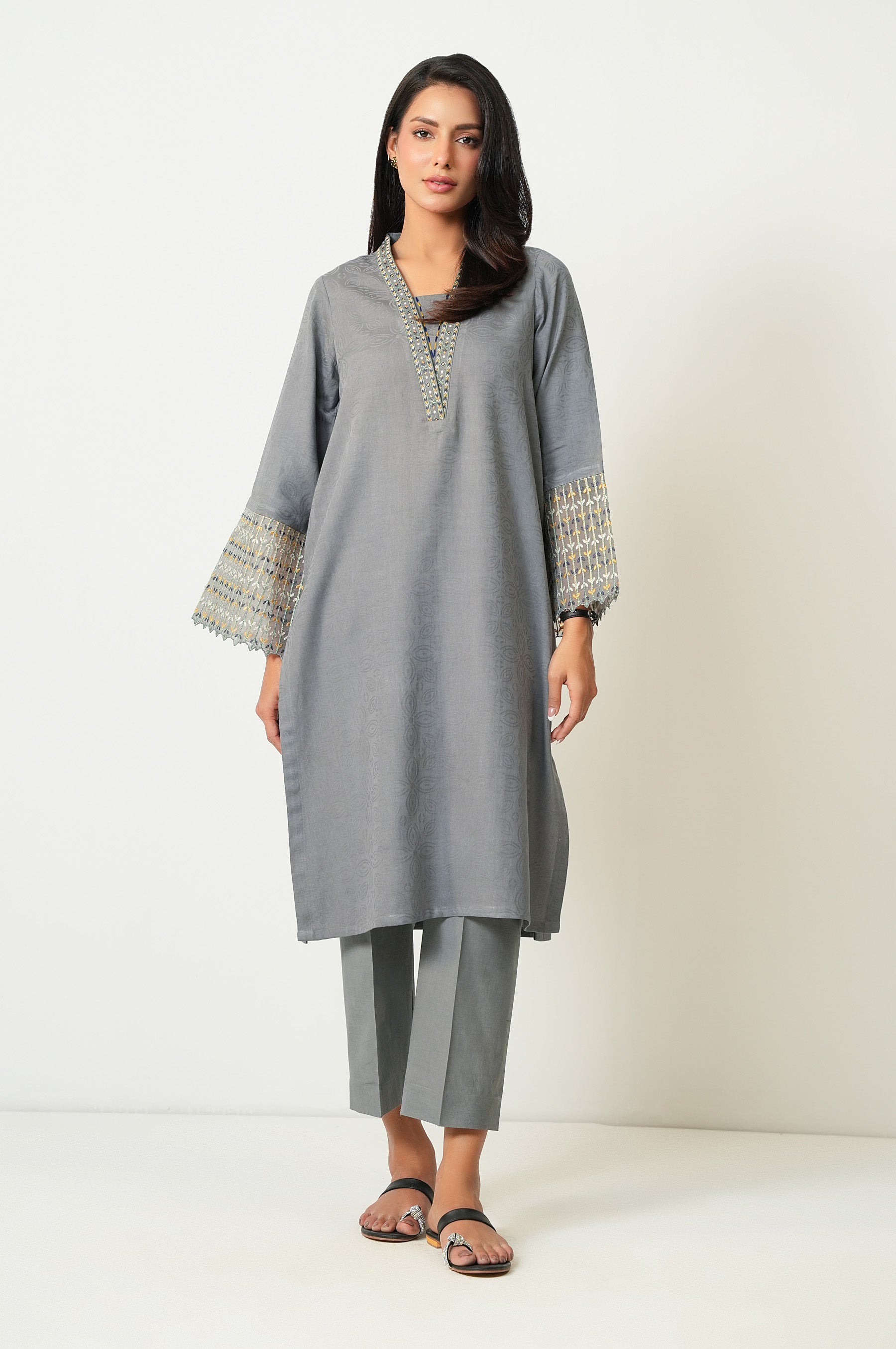 STITCHED EMBROIDERED SATIN JACQUARD SHIRT BOTTOM