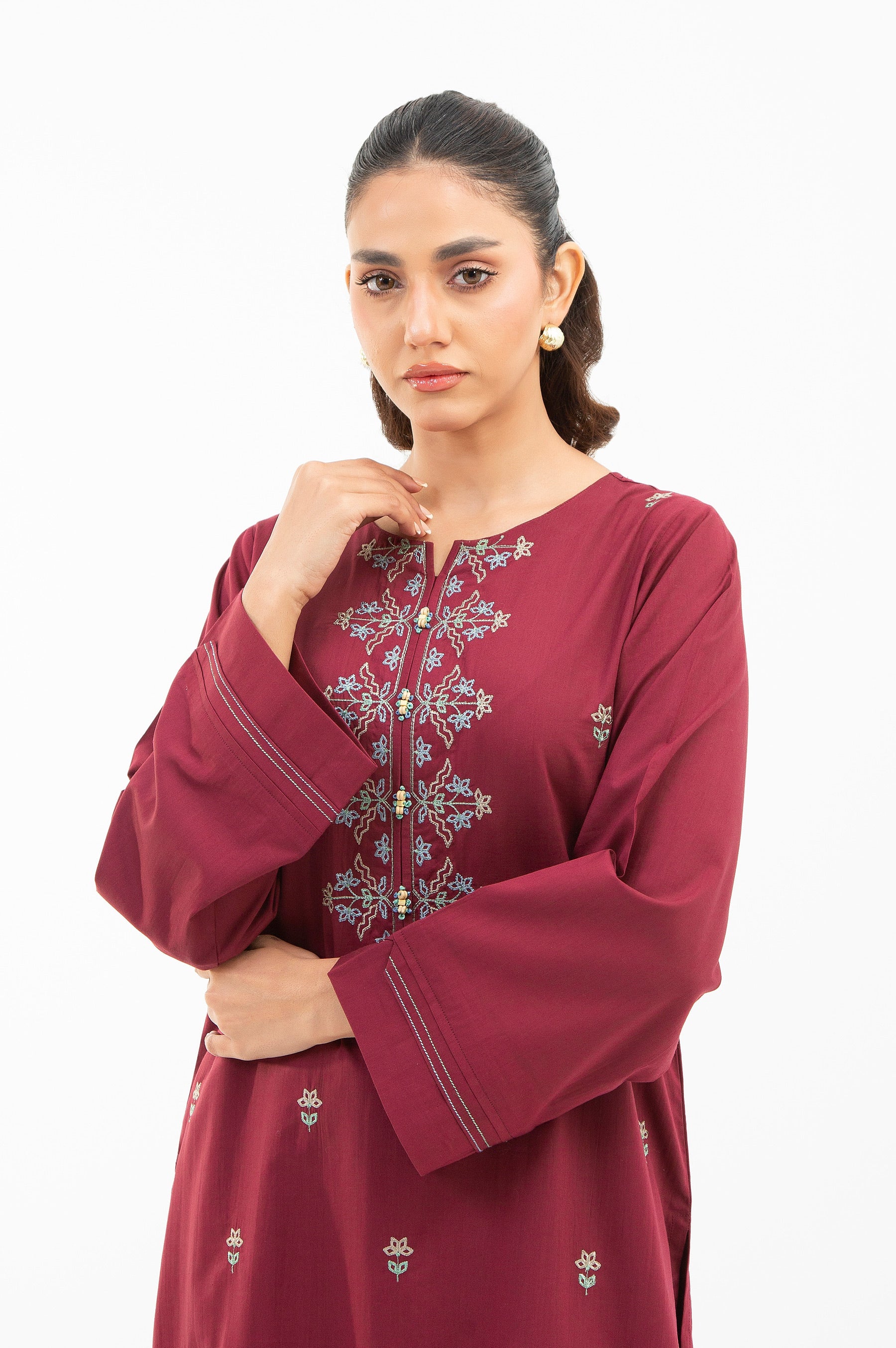 STITCHED EMBROIDERED COTTON VISCOSE SHIRT BOTTOM