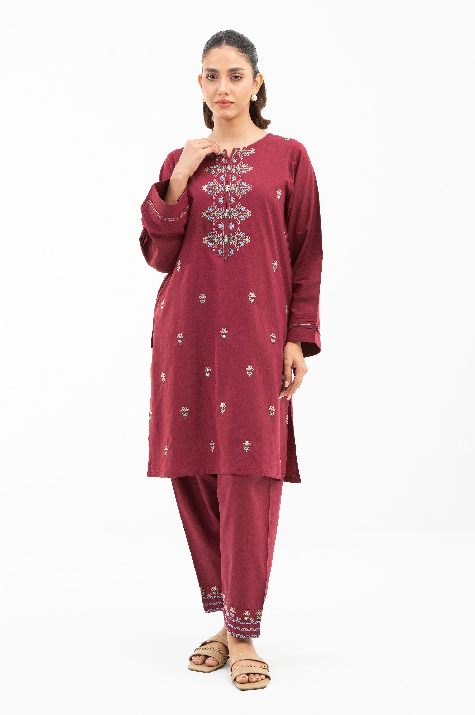 STITCHED EMBROIDERED COTTON VISCOSE SHIRT BOTTOM