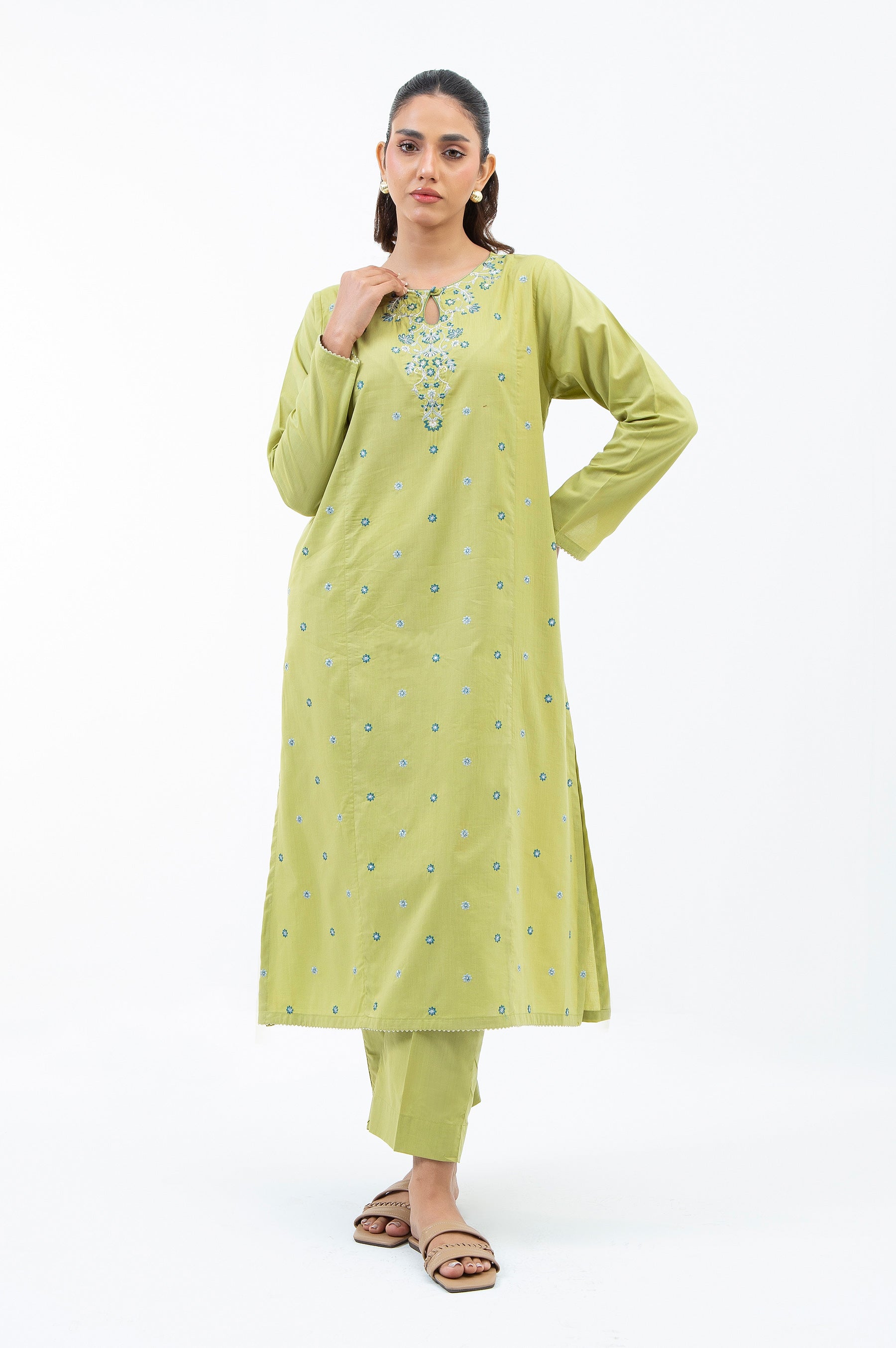 STITCHED EMBROIDERED COTTON VISCOSE SHIRT BOTTOM