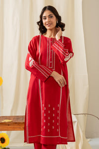 STITCHED EMBROIDERED SLUB LAWN SUIT