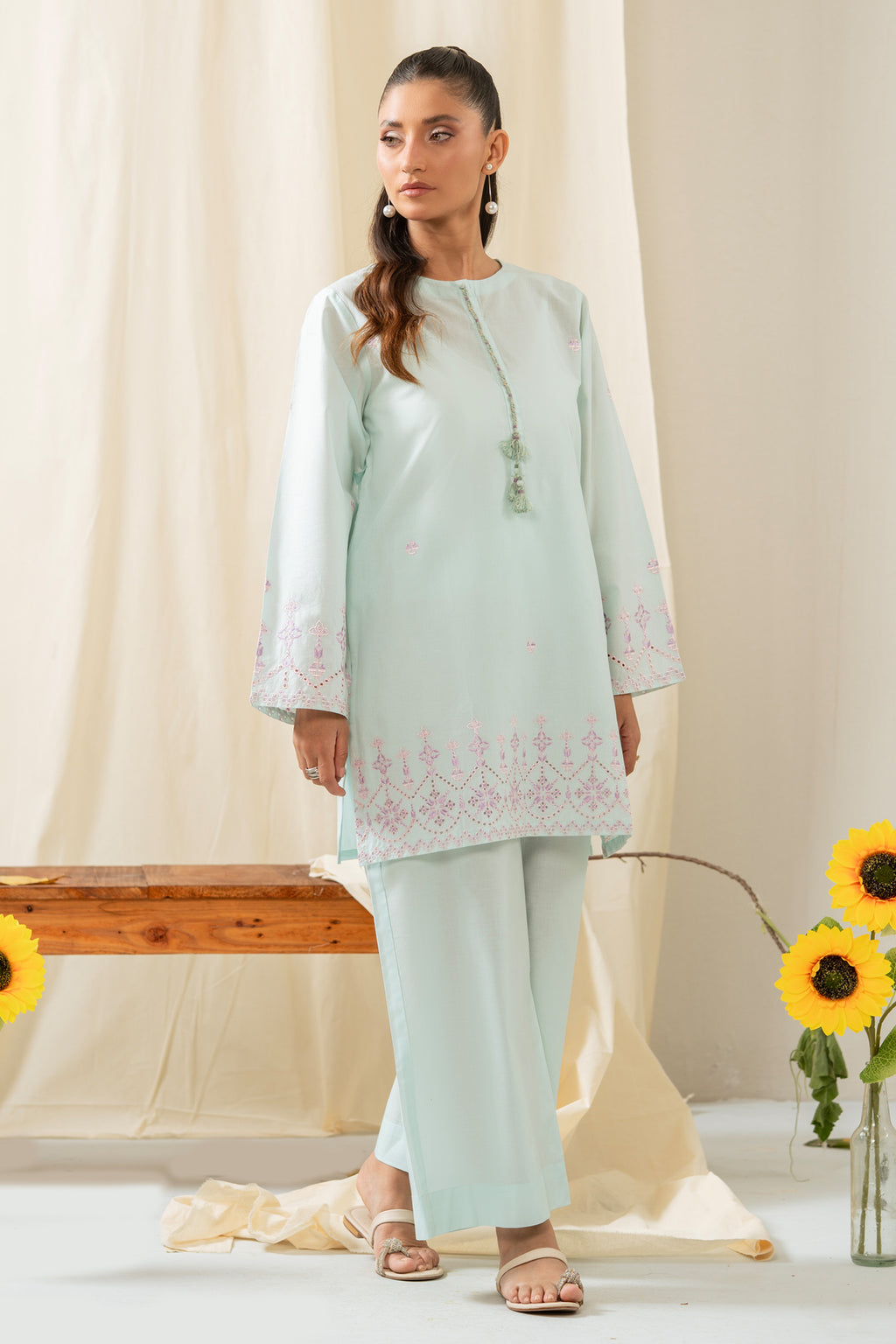 STITCHED EMBROIDERED CAMBRIC 2 PIECE SUIT