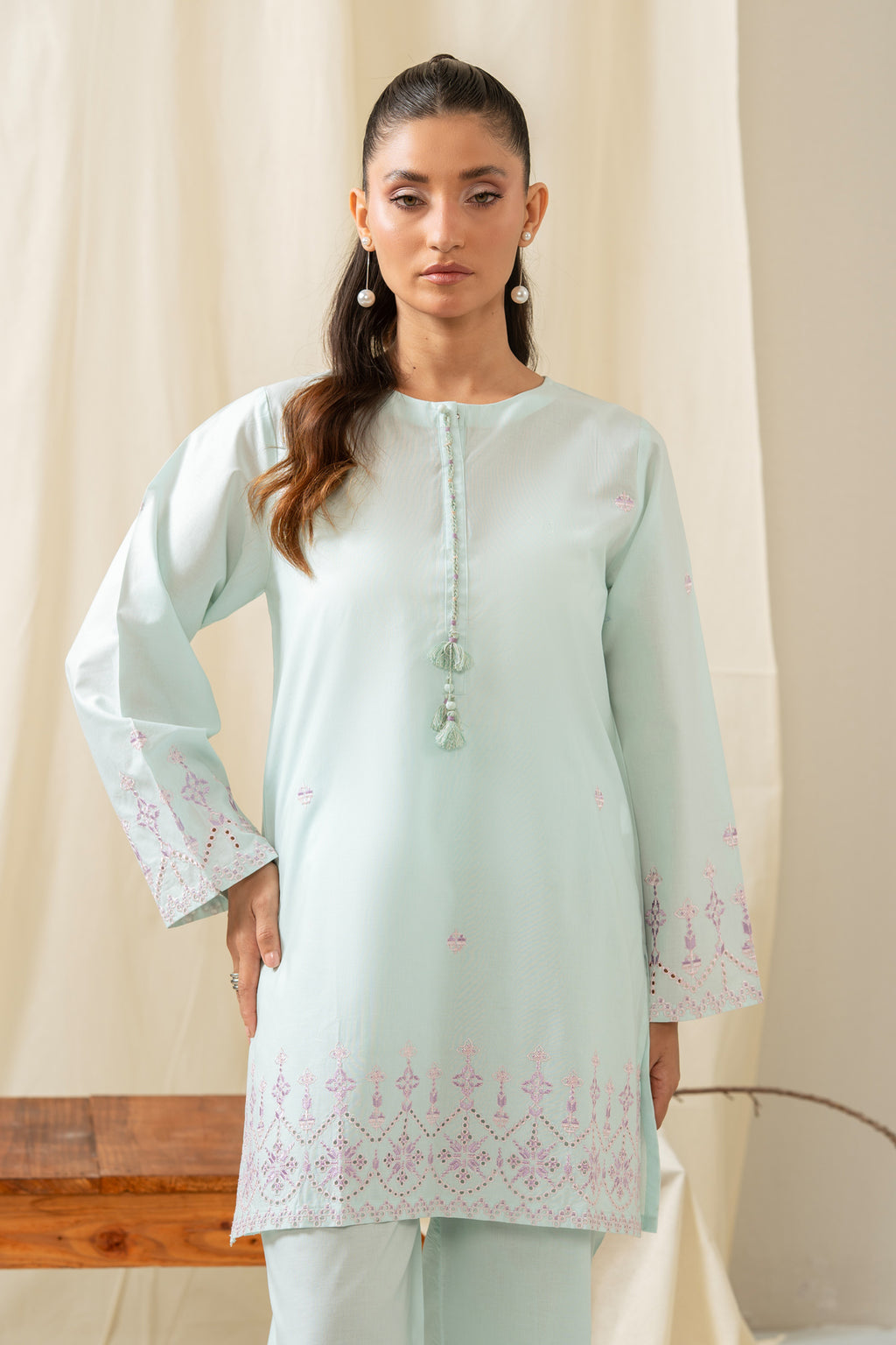 STITCHED EMBROIDERED CAMBRIC 2 PIECE SUIT