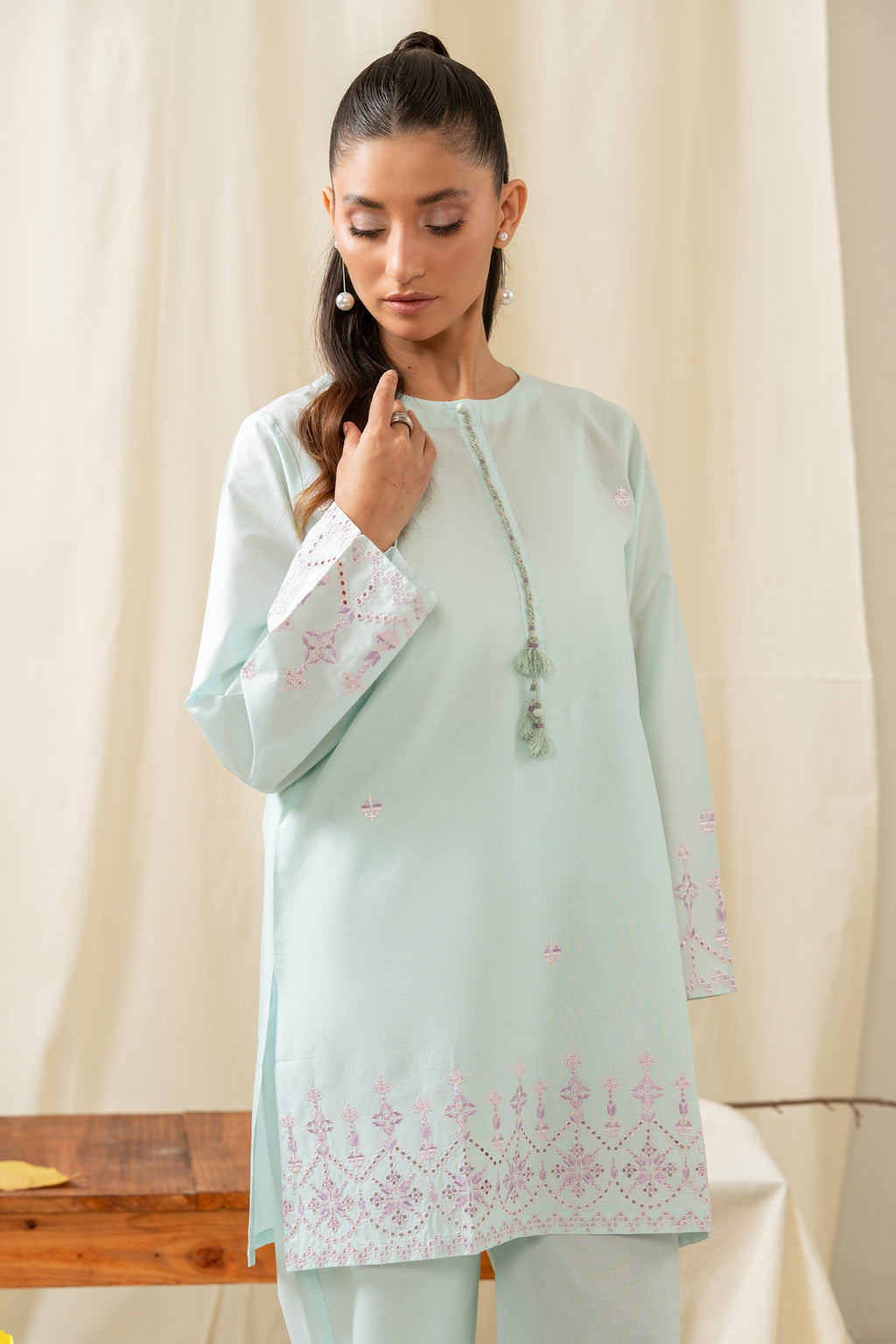 STITCHED EMBROIDERED CAMBRIC 2 PIECE SUIT