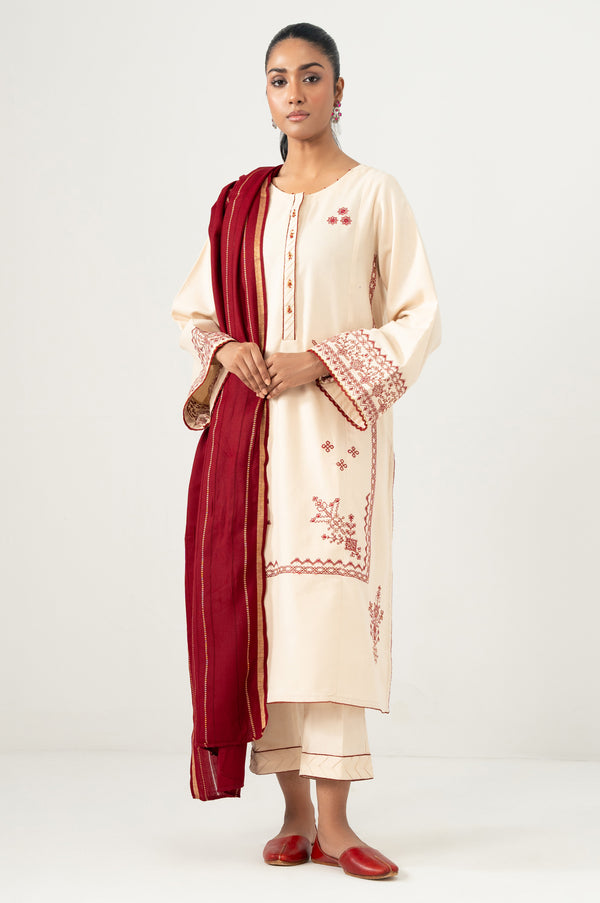 Stitched 3 Piece Dyed Embroidered Khaddar Suit