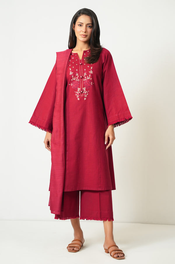 Stitched 3 Piece Embroidered Cotton Slub Suit