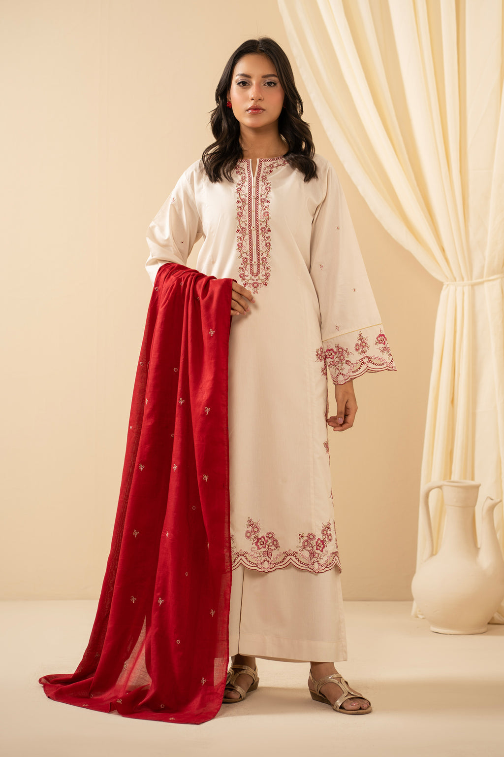 STITCHED EMBROIDERED COTTON LINEN VISCOSE SUIT