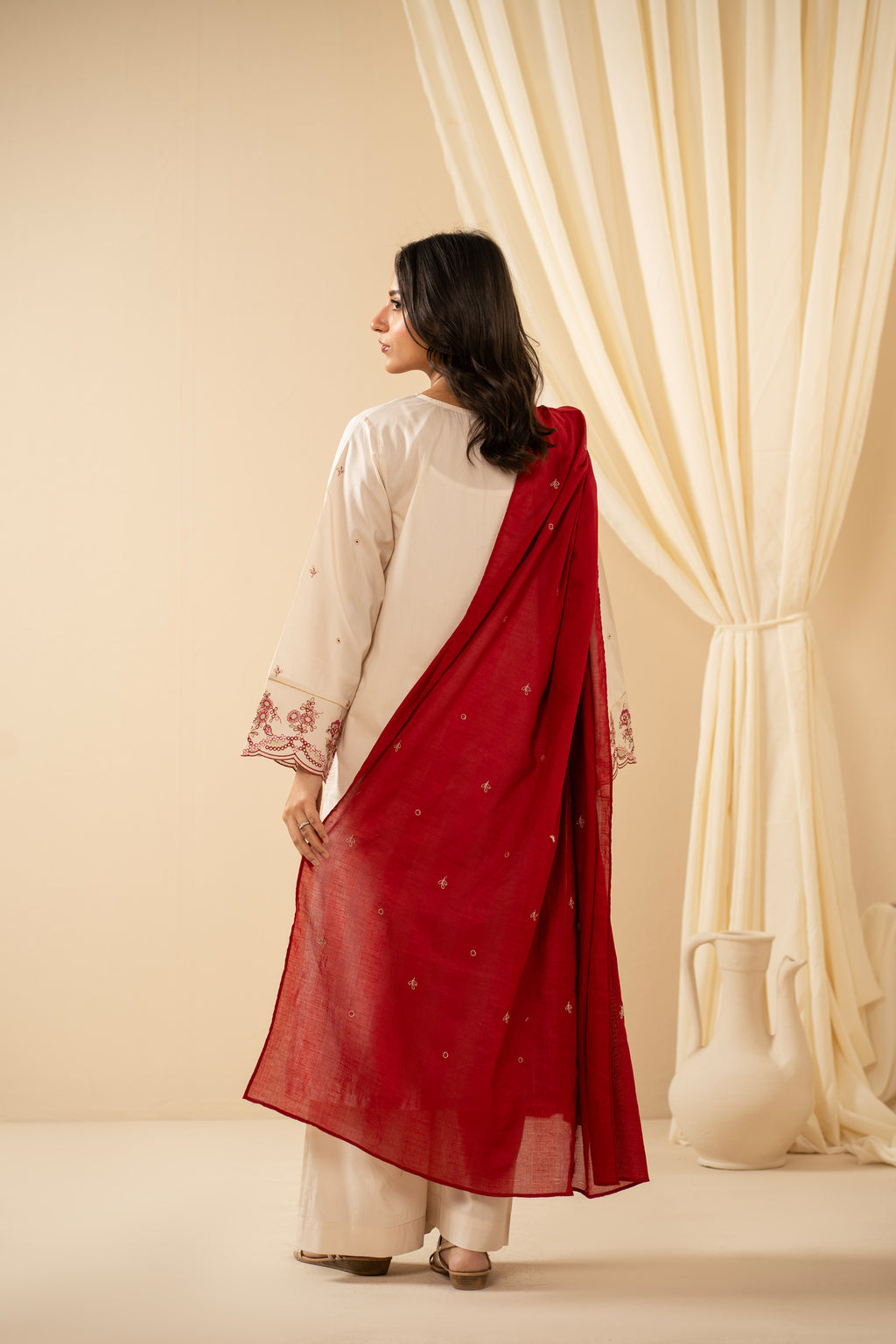 STITCHED EMBROIDERED COTTON LINEN VISCOSE SUIT