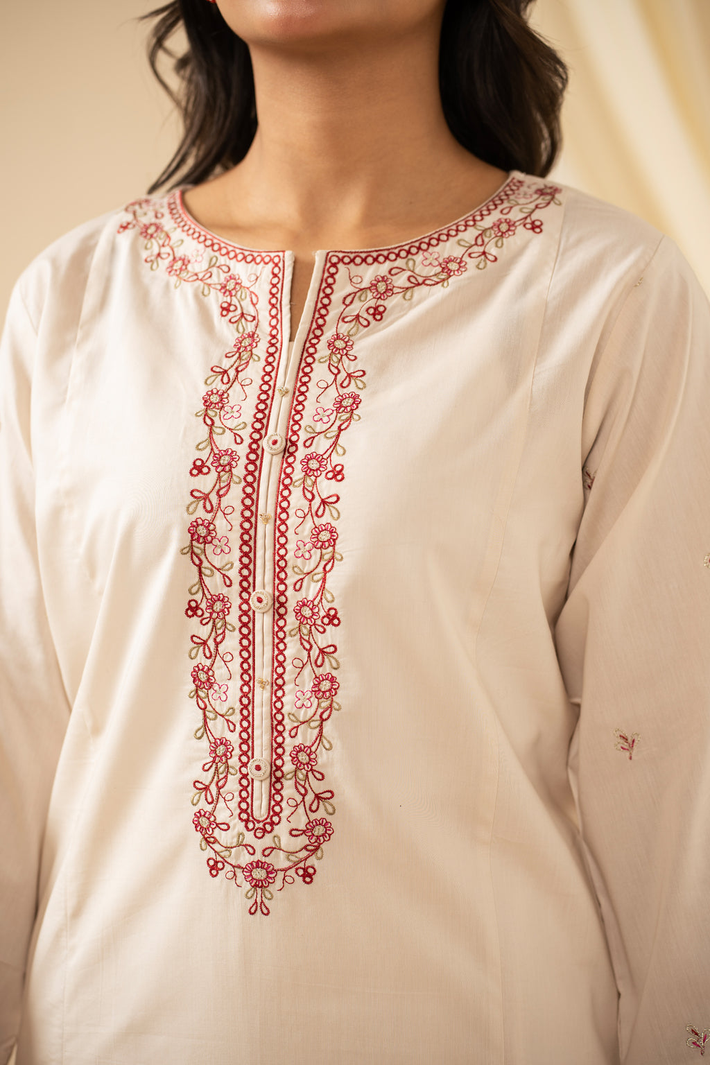 STITCHED EMBROIDERED COTTON LINEN VISCOSE SUIT