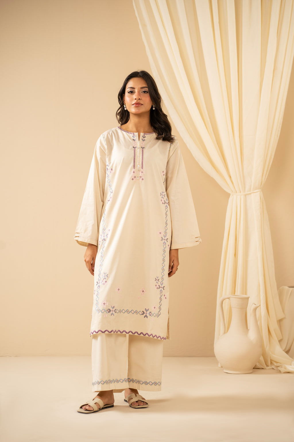 STITCHED EMBROIDERED CAMBRIC SUIT