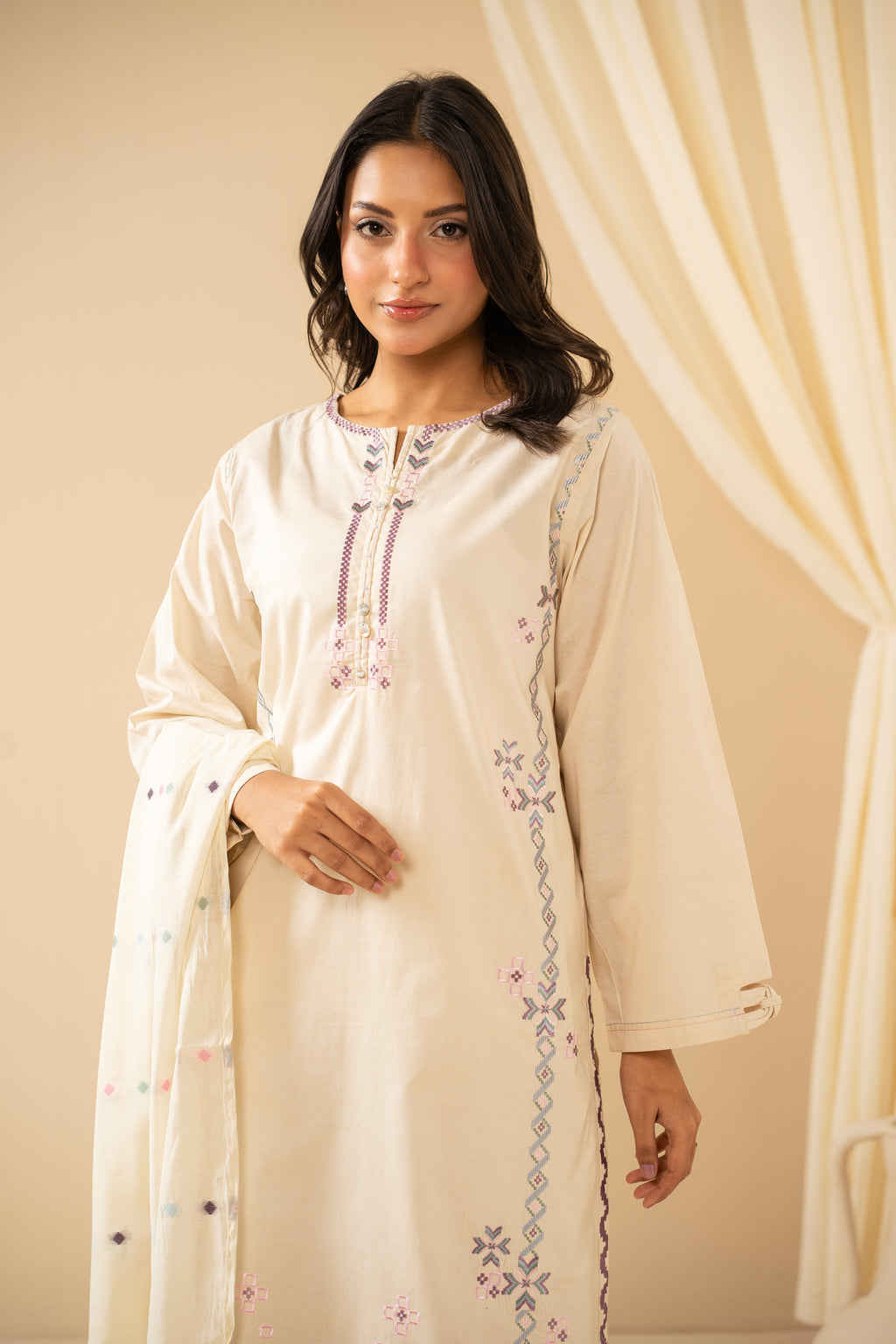 STITCHED EMBROIDERED CAMBRIC SUIT