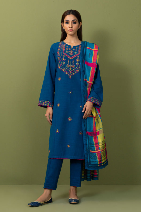 Unstitched 2 Piece Dyed Embroidered Khaddar Shirt with Dupatta