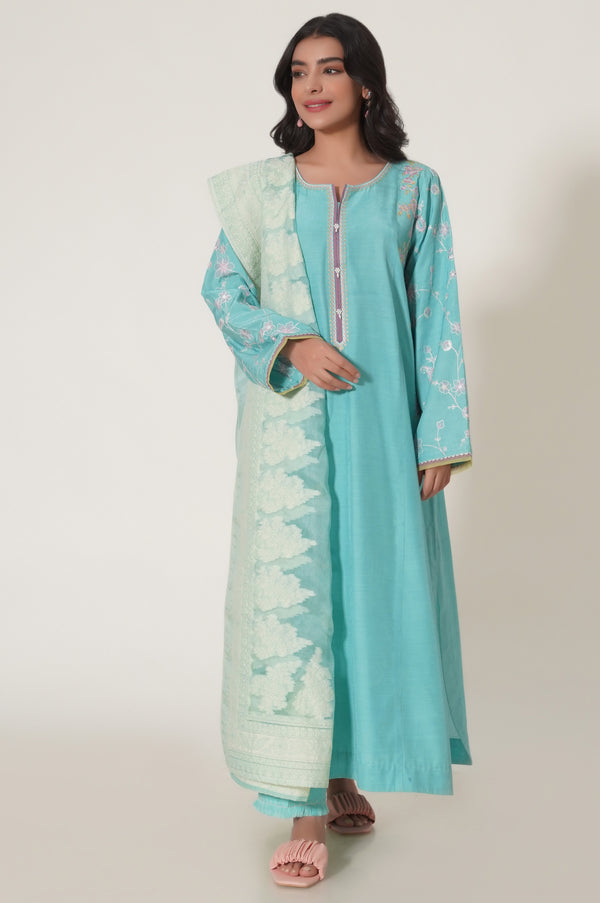 Unstitched 3 Piece Embroidered Raw Silk Shirt with Organza Net Jacquard Dupatta