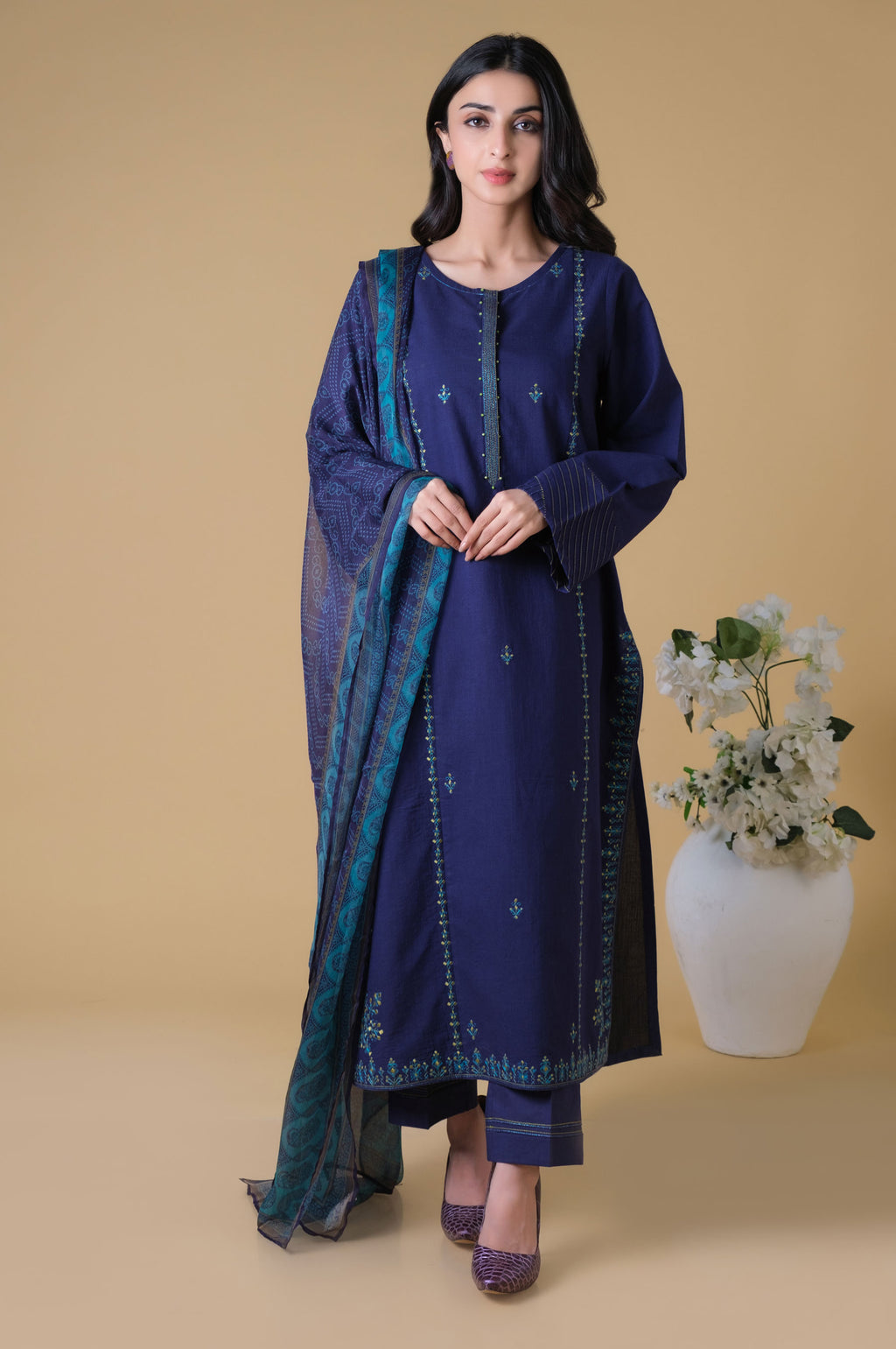 Stitched 3 Piece Embroidered Textured Slub