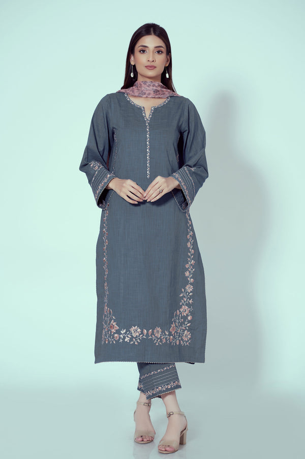 Unstitched 3 Piece Embroidered Textured Slub Suit