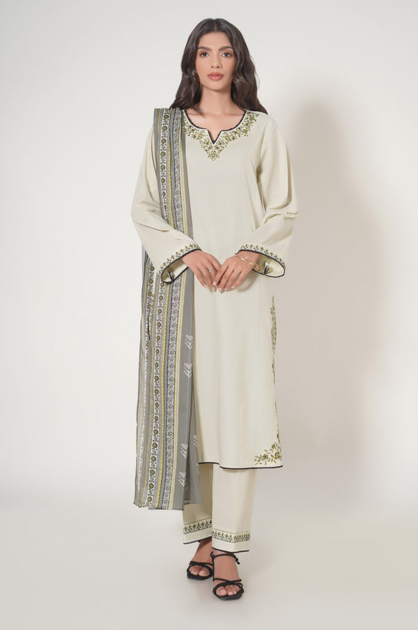Stitched 3 Piece Embroidered Slub Cambric Suit