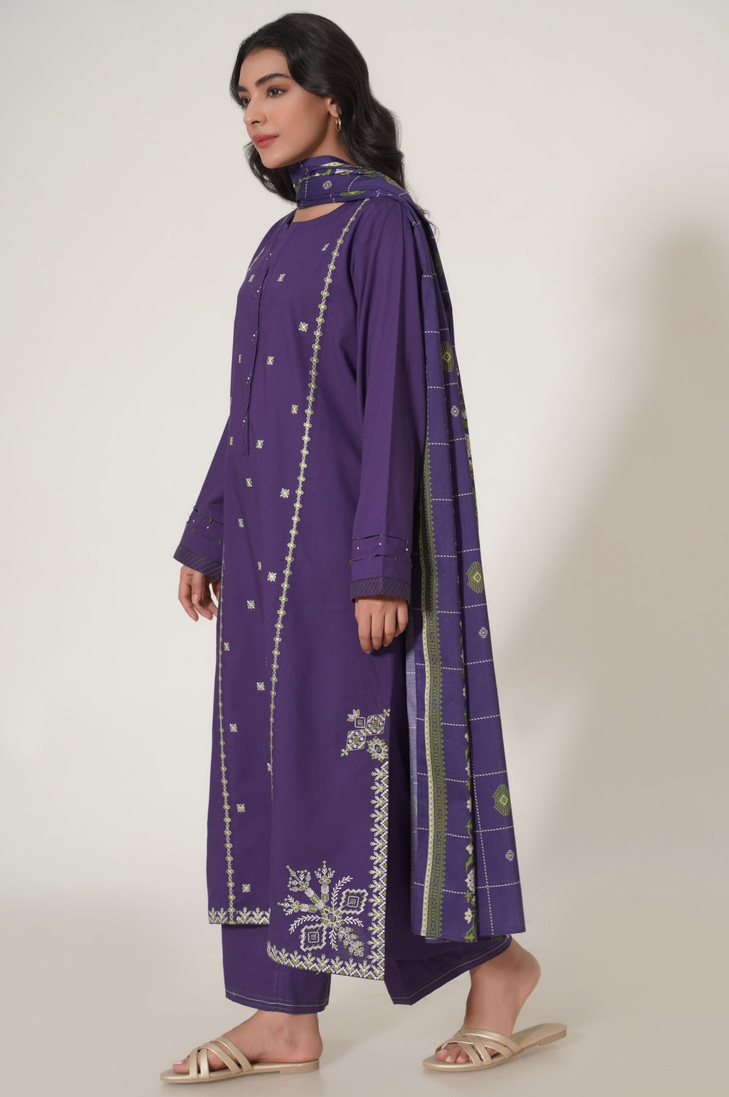 Unstitch 3 Piece Embroidered Slub Cambric Suit