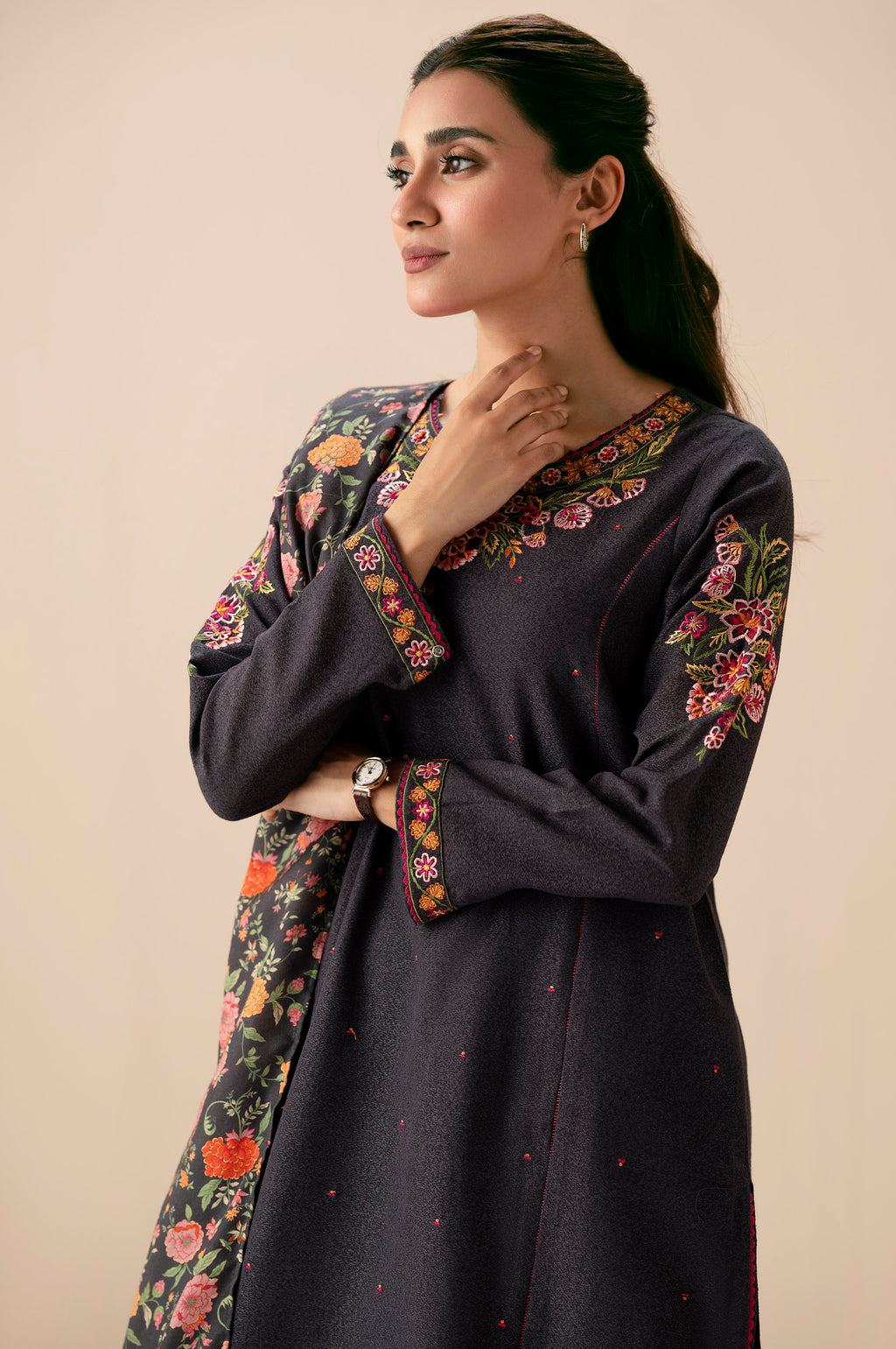 Unstitched 3 Piece Embroidered Cotton Satin Suit
