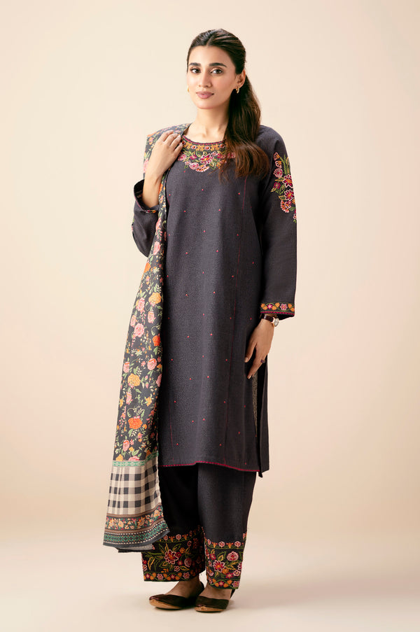 Unstitched 3 Piece Embroidered Cotton Satin Suit