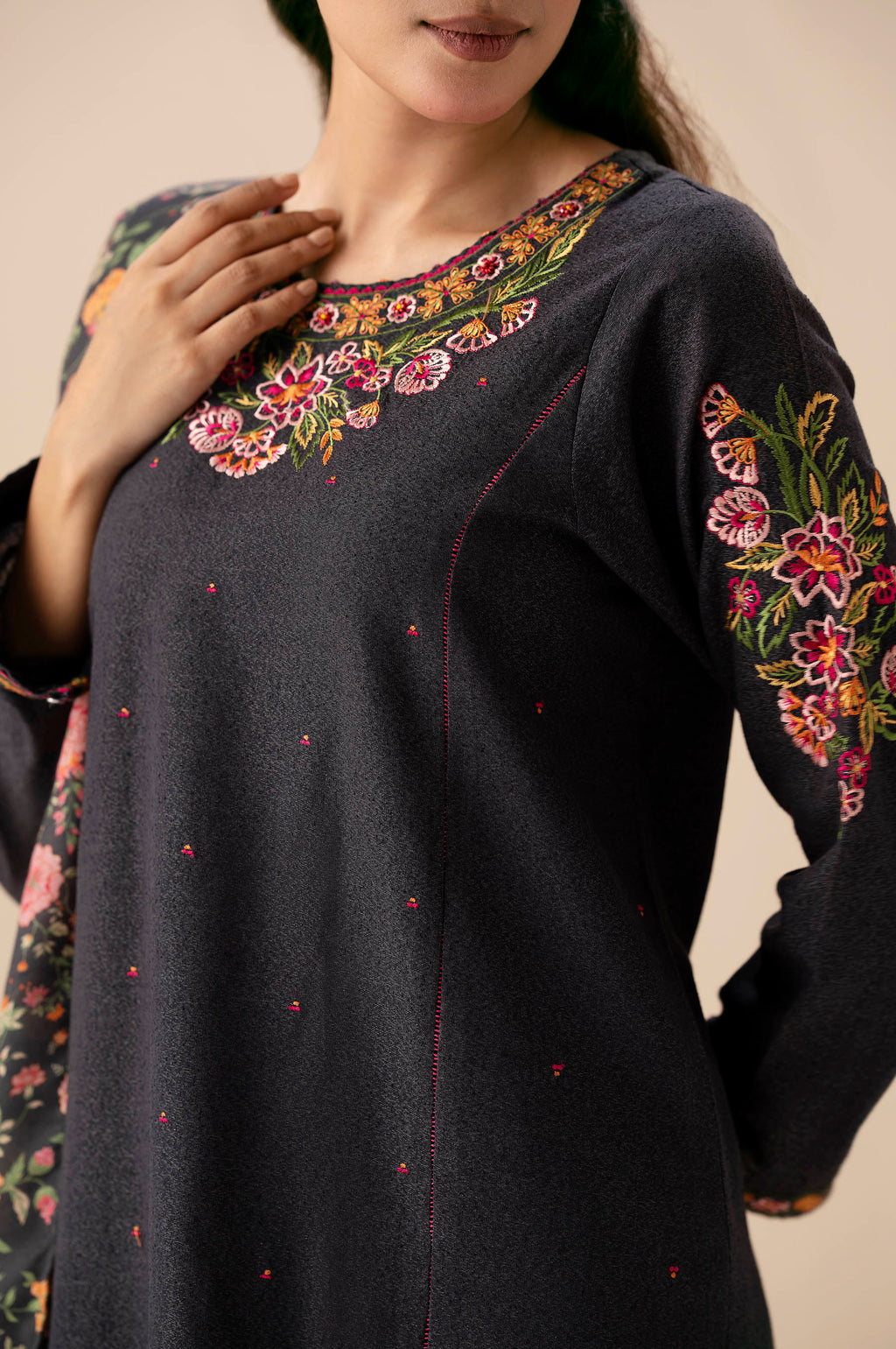 Unstitched 3 Piece Embroidered Cotton Satin Suit