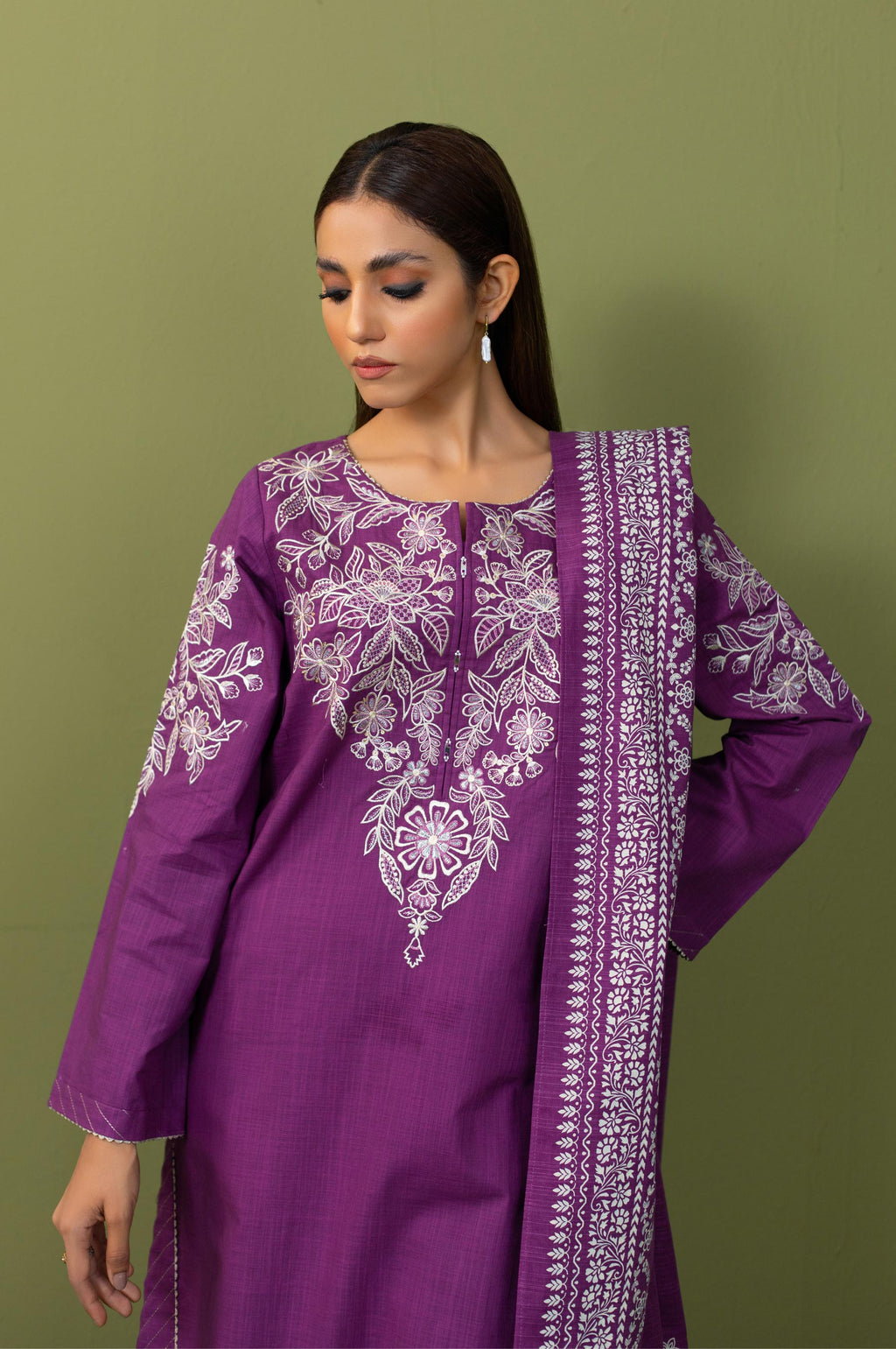 Stitched 3 Piece  Embroidered Both Side Slub Suit
