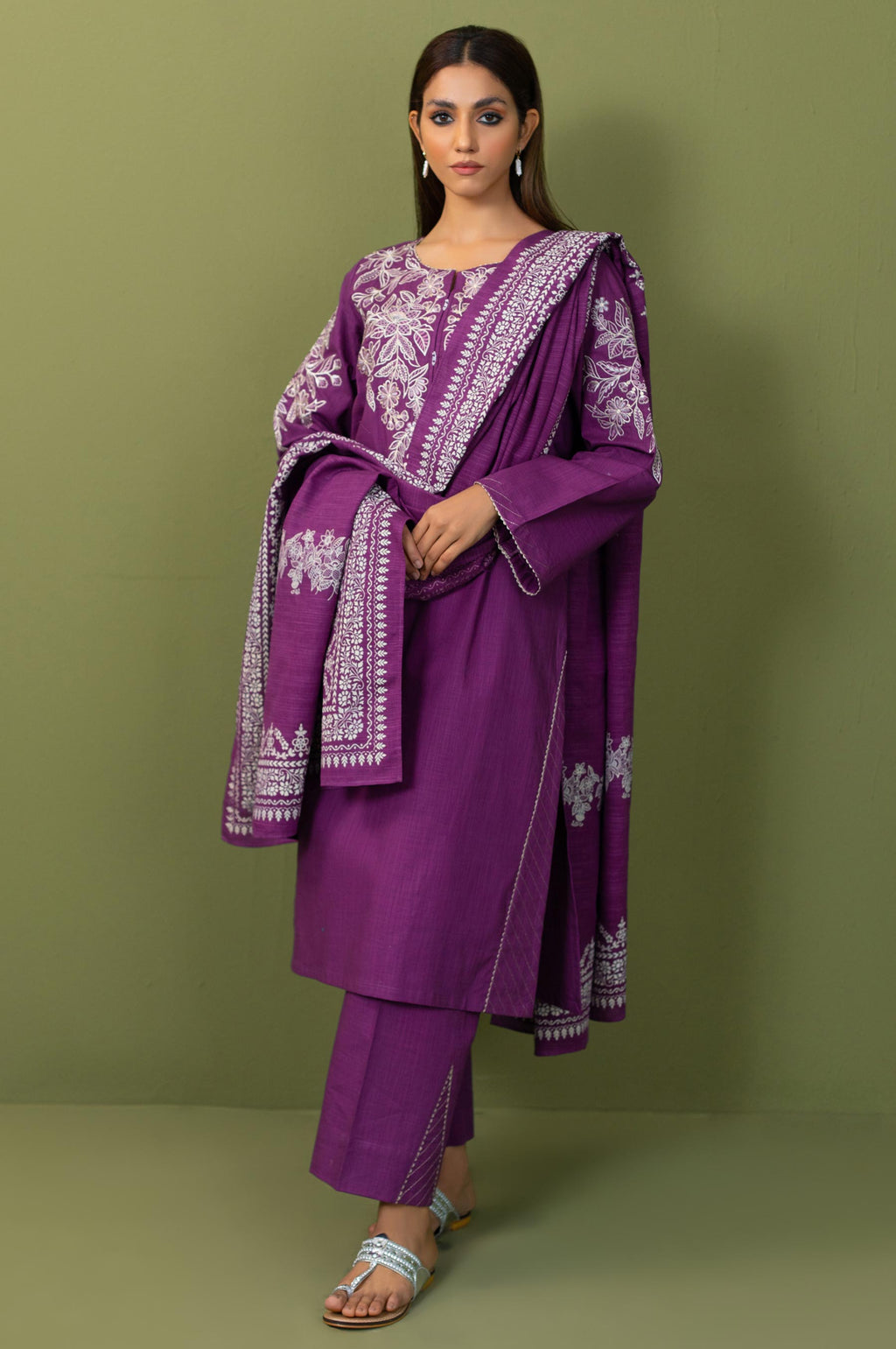 Stitched 3 Piece  Embroidered Both Side Slub Suit