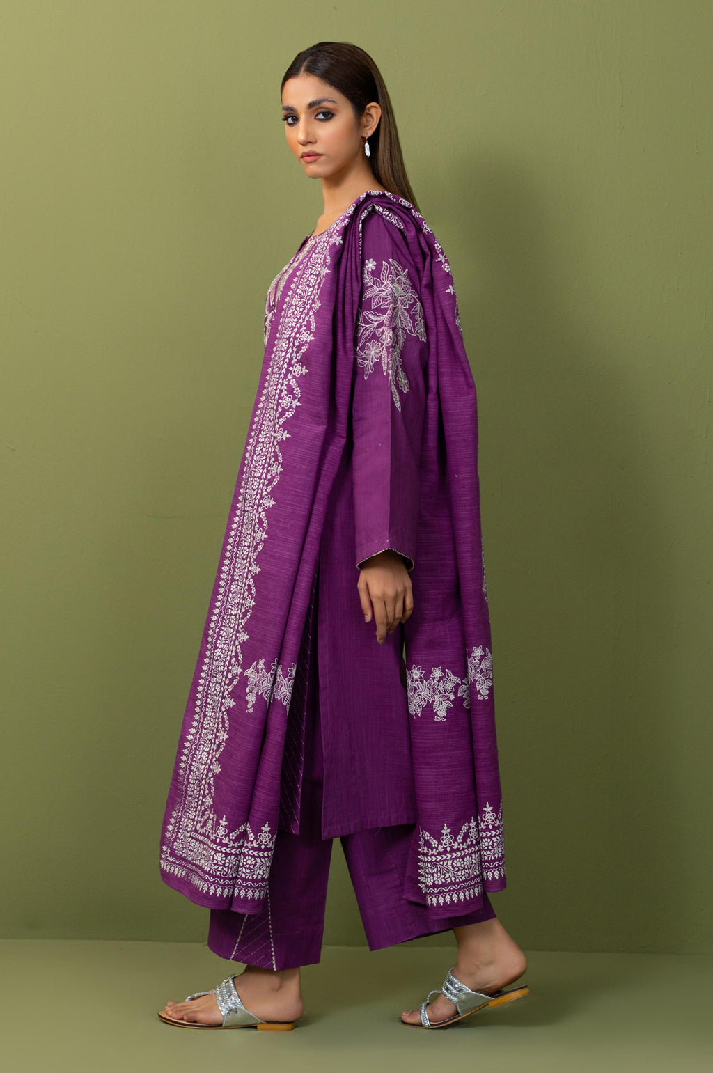 Stitched 3 Piece  Embroidered Both Side Slub Suit