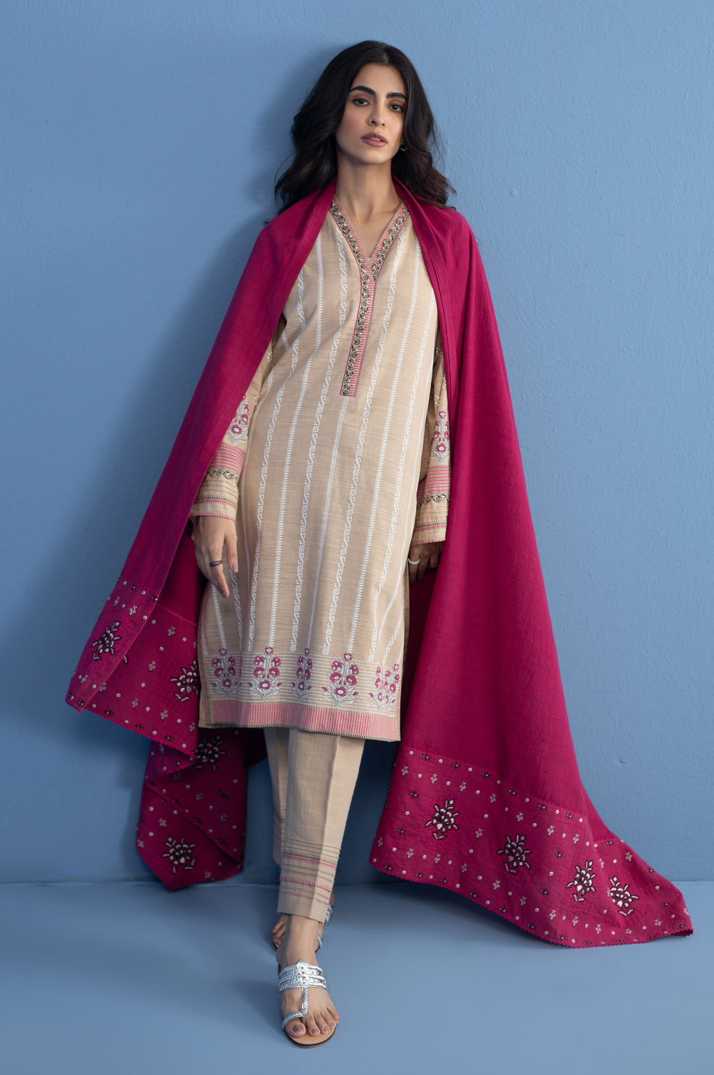 Unstitched 3 Piece Paste Printed Khaddar Suit