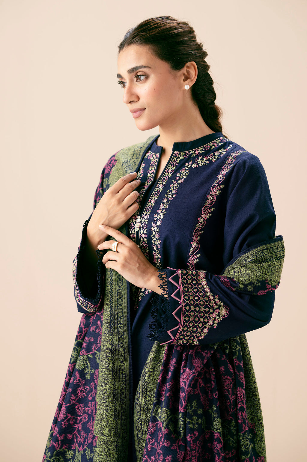 Unstitched 3 Piece Embroidered Textured Slub Suit