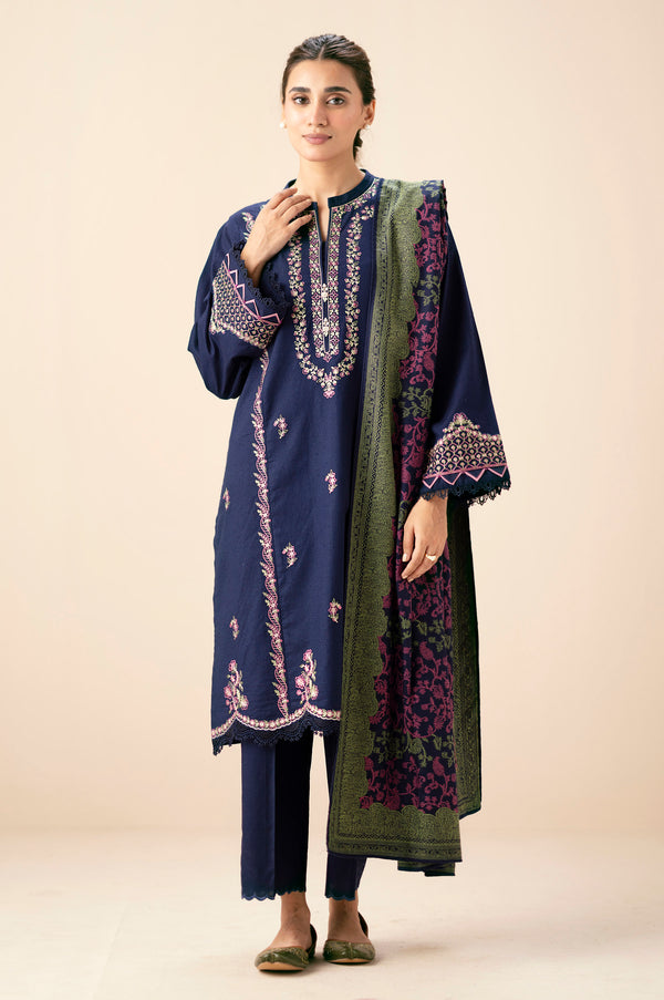 Unstitched 3 Piece Embroidered Textured Slub Suit