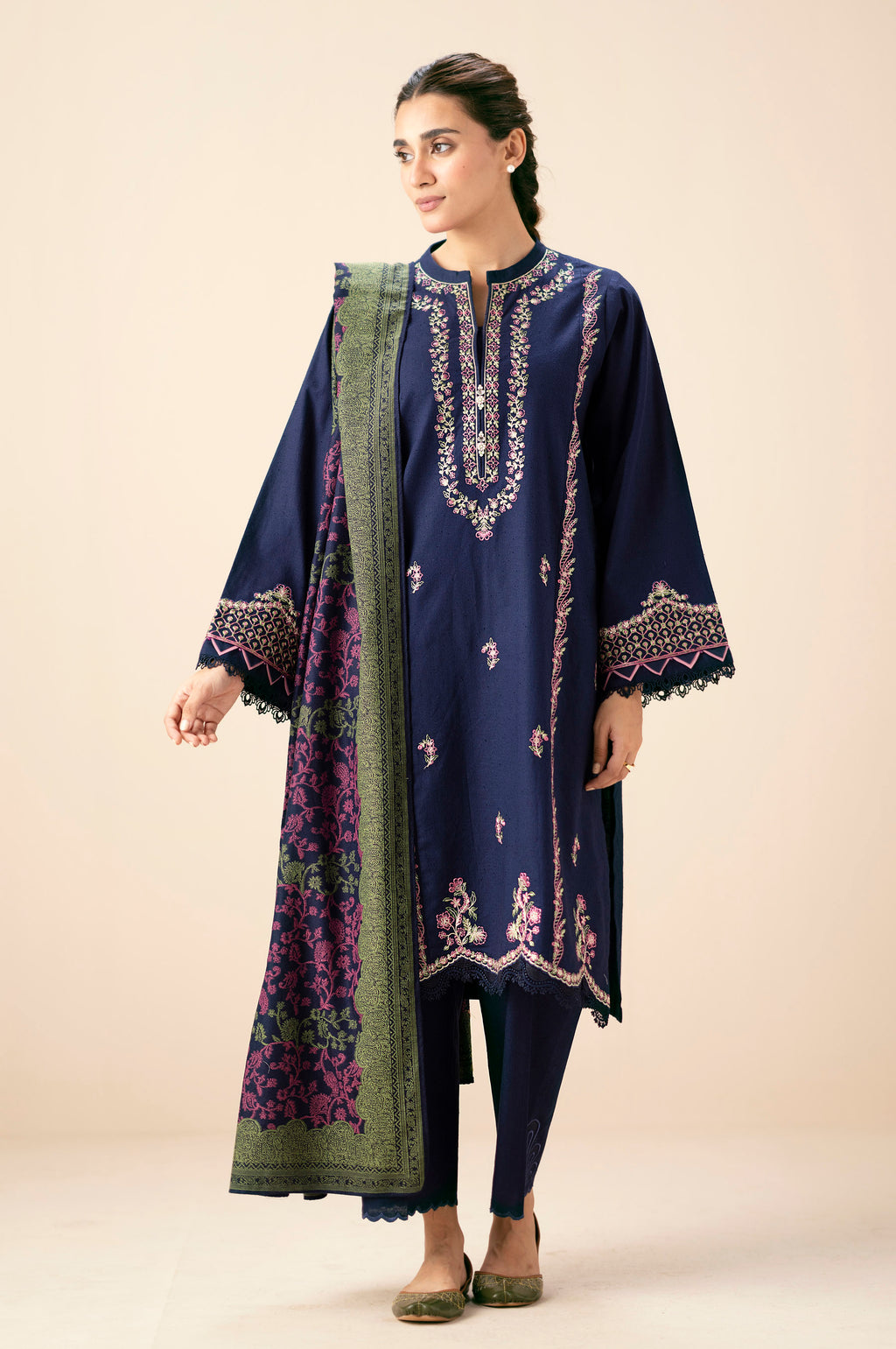 Unstitched 3 Piece Embroidered Textured Slub Suit