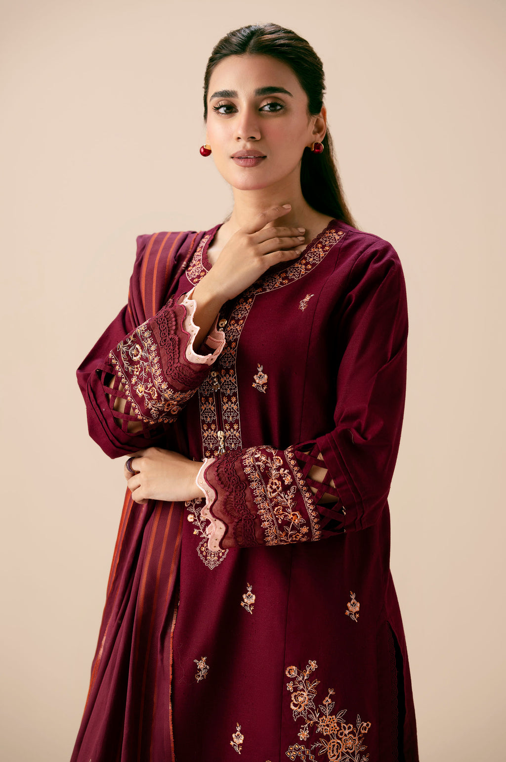 Unstitched 3 Piece Embroidered Textured Slub Suit