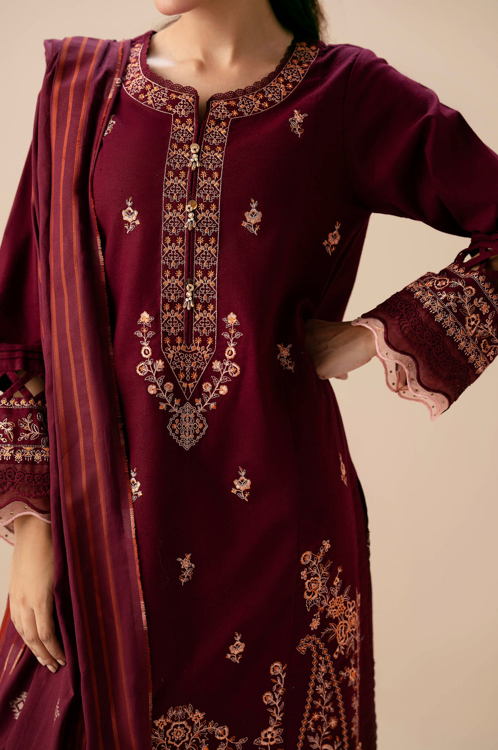 Unstitched 3 Piece Embroidered Textured Slub Suit