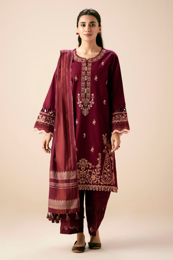 Unstitched 3 Piece Embroidered Textured Slub Suit