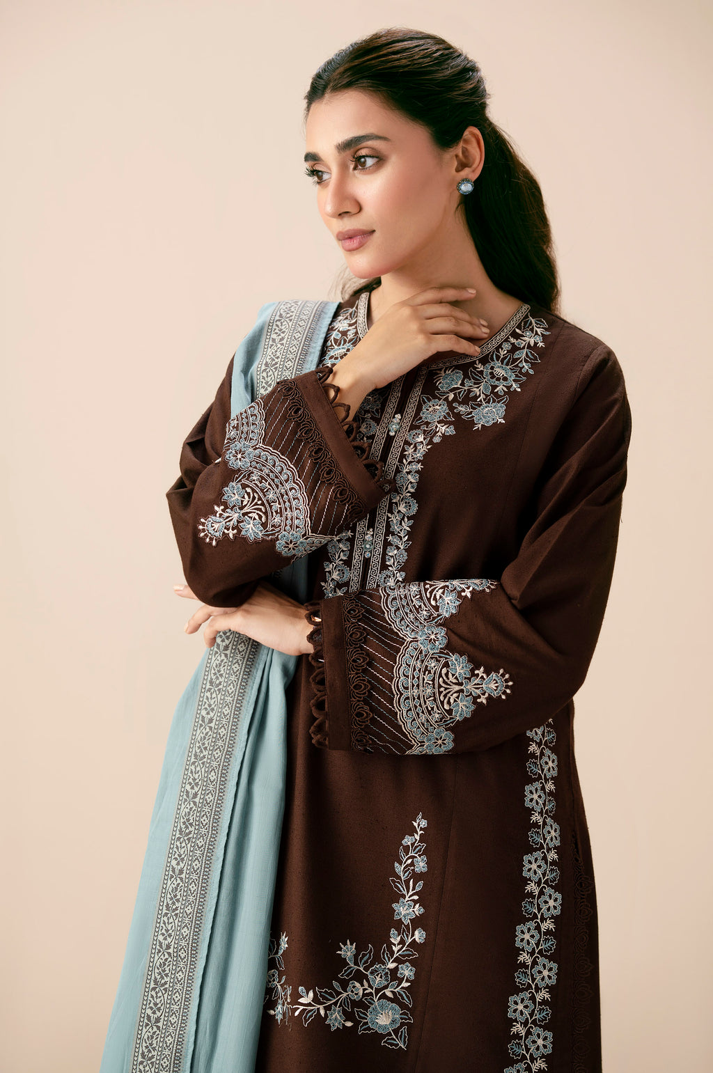Unstitched 3 Piece Embroidered Textured Slub Suit