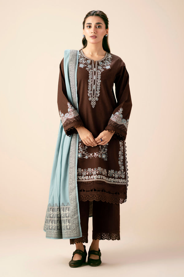 Unstitched 3 Piece Embroidered Textured Slub Suit