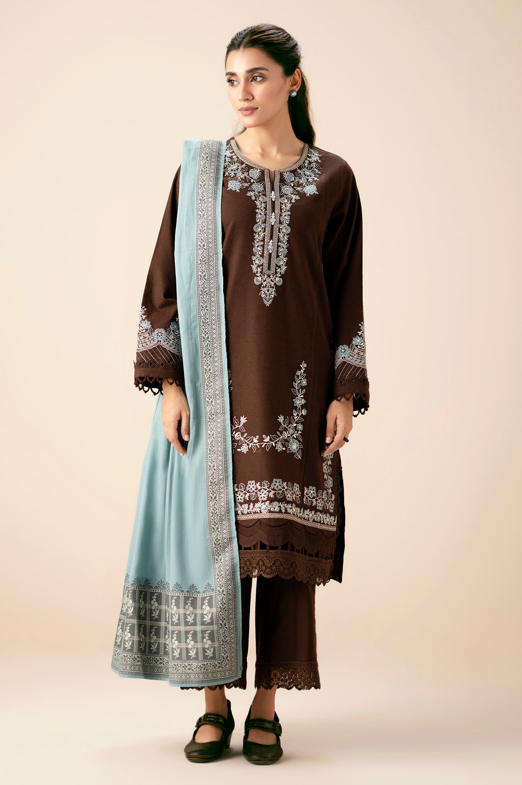 Unstitched 3 Piece Embroidered Textured Slub Suit