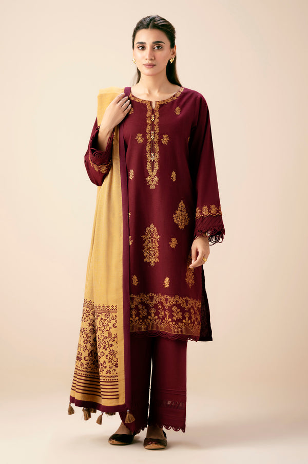 Unstitched 3 Piece Embroidered Textured Slub Suit