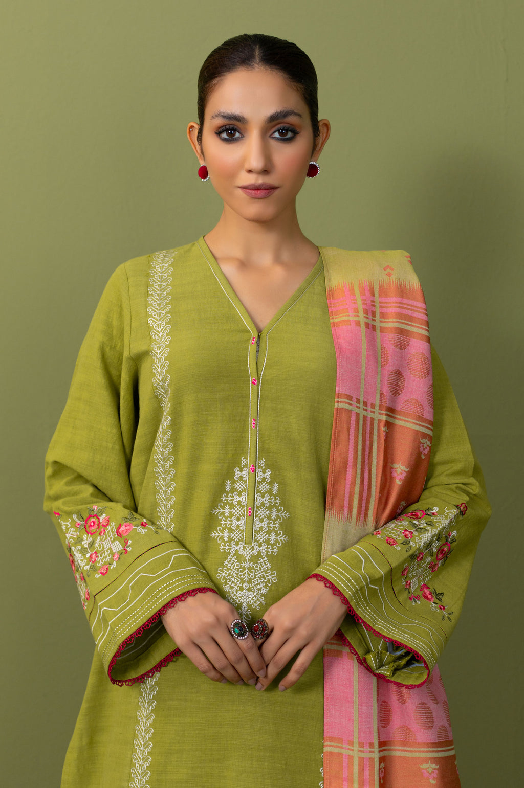 Stitched 3 Piece Embroidered Khaddar Suit