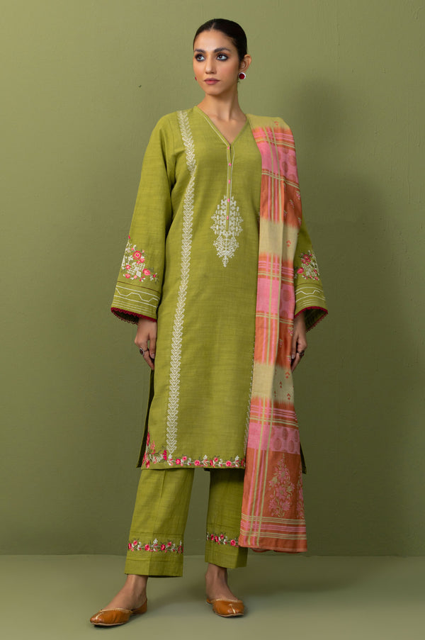 Stitched 3 Piece Embroidered Khaddar Suit